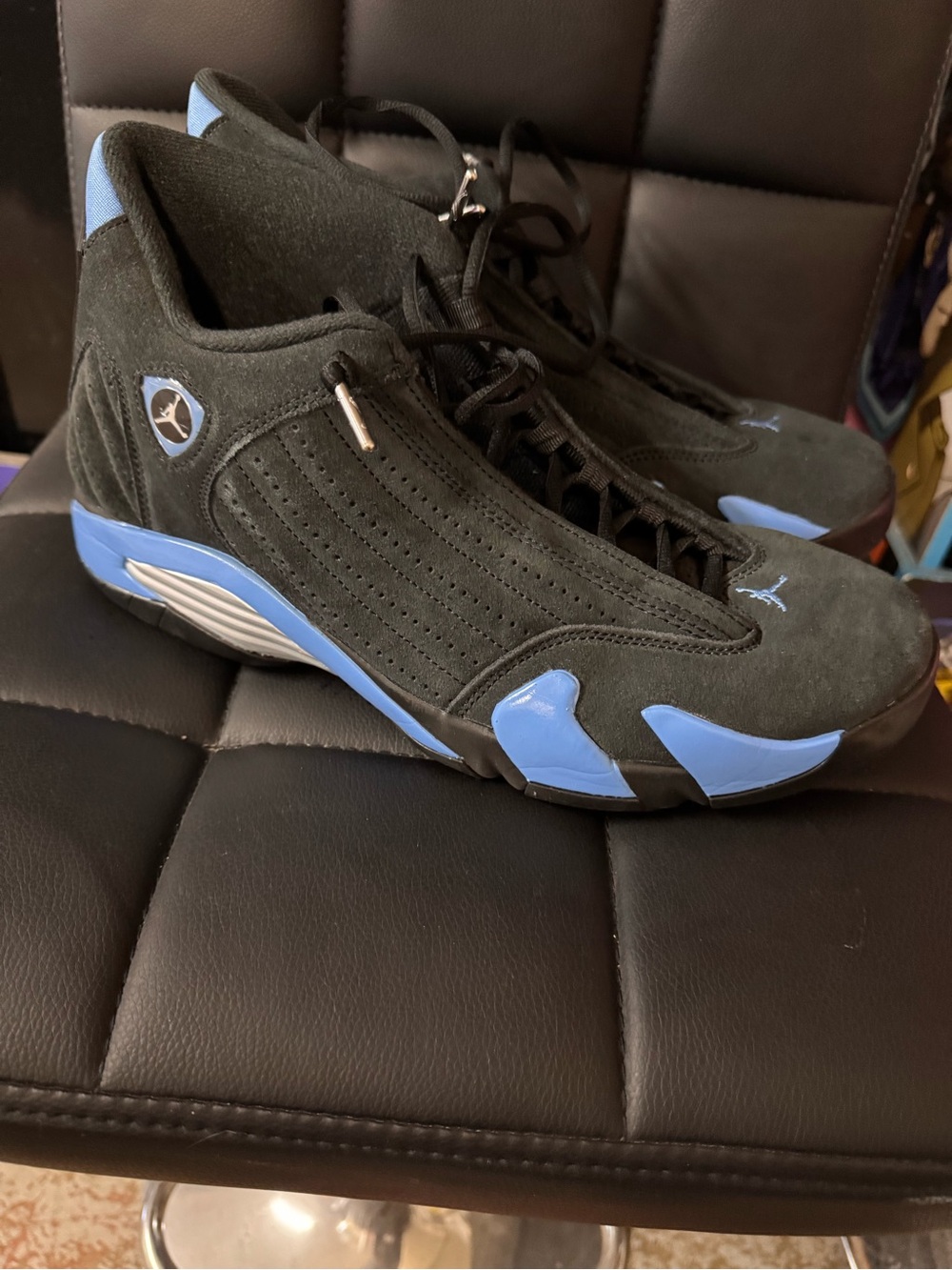 Jordan 14-Retros Men’s Black and Light Blue Suede Athletic Shoes